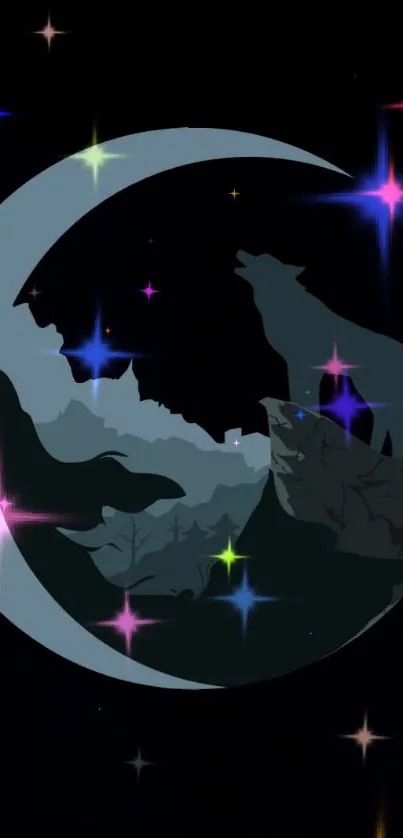 Mystical wolf silhouette under colorful crescent moon and stars.