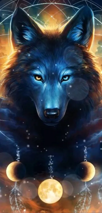 Mystical wolf and moon phases with vibrant colors mobile wallpaper.