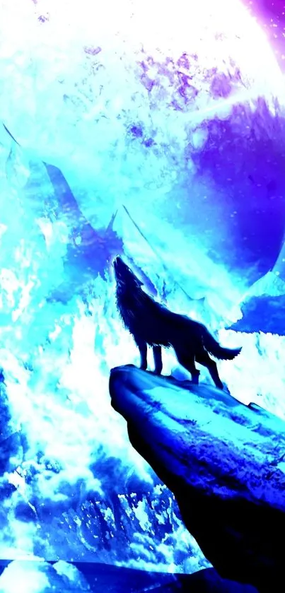 Mystical wolf silhouetted against a large blue moon.