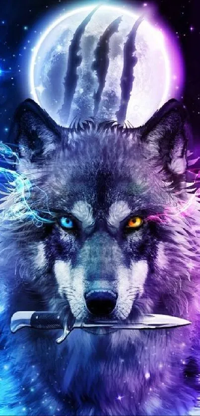Mystical wolf holding a knife under a vibrant full moon in a cosmic night sky.
