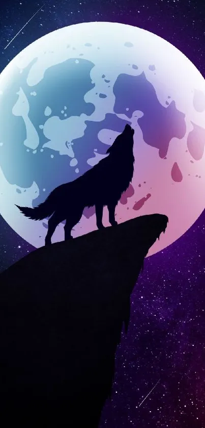 Silhouette of a wolf howling at a large moon with a starry sky backdrop.