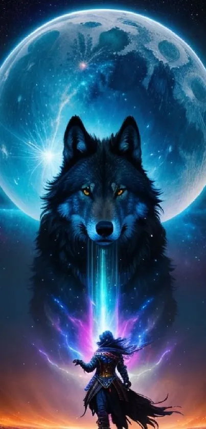 Mystical wolf under bright moon wallpaper with vibrant cosmic colors.