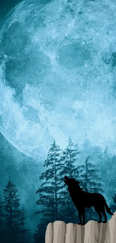 Wolf howling beneath a bright blue full moon in a forested landscape.