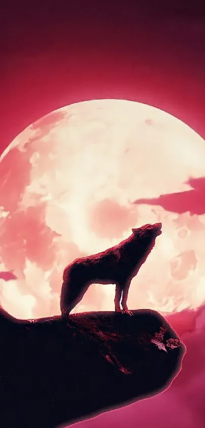 Wolf howling on a cliff in front of a red moon, surrounded by clouds.