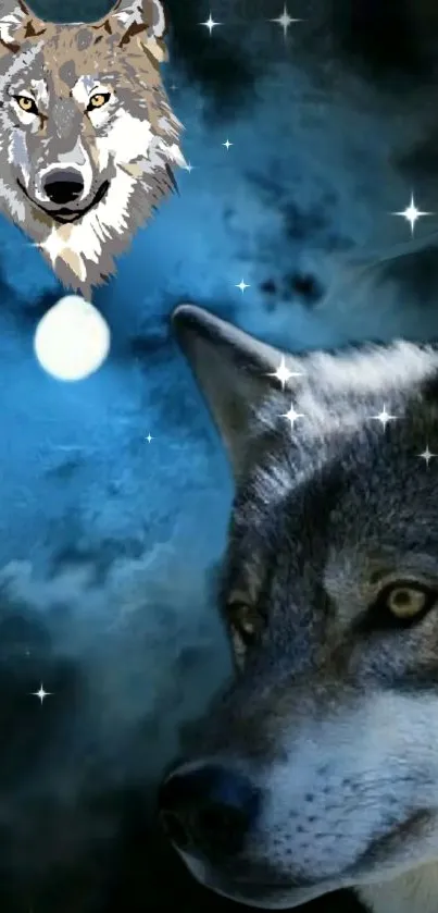 Wolf gazing under a mystical moonlit night sky with stars.