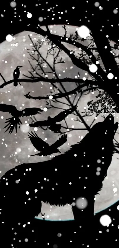 Wolf howling at moon with falling snow and flying birds.