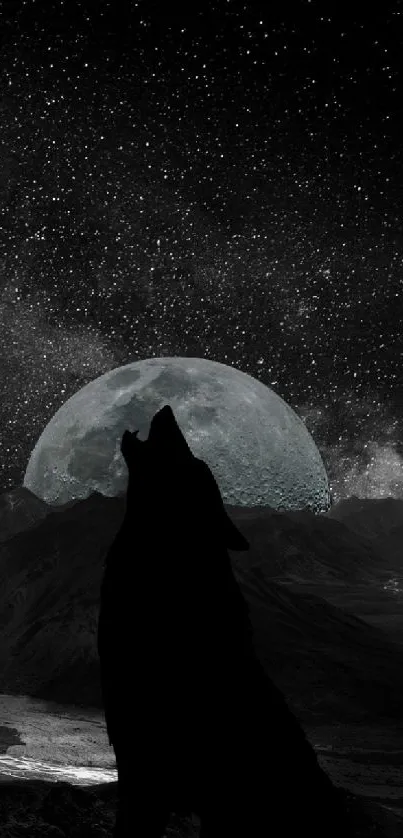 Silhouette of wolf howling at moon with cosmic starry sky.