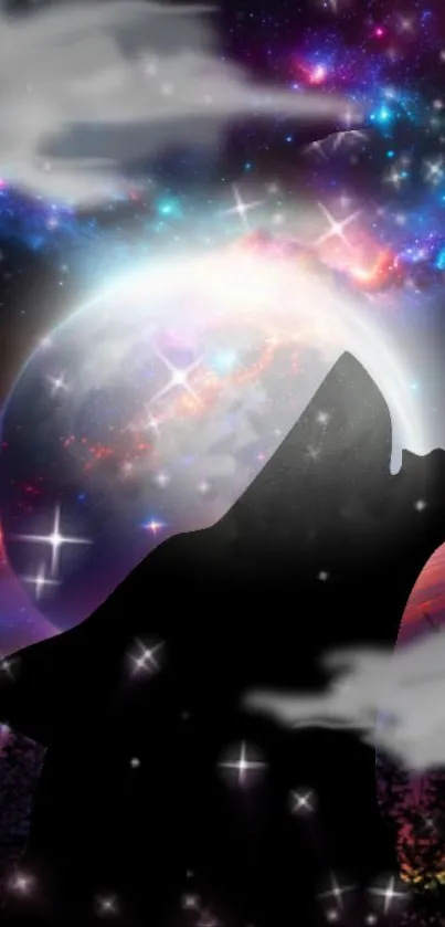 A mystical wolf howling at a glowing moon with a colorful galaxy backdrop.