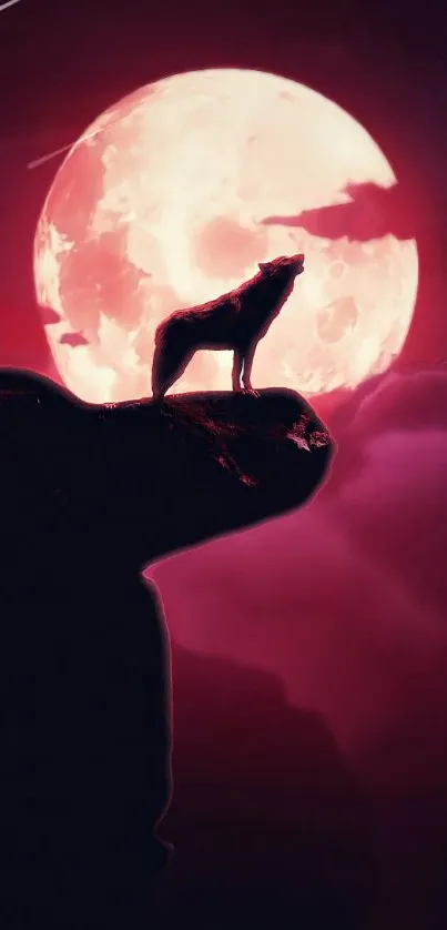 Wolf silhouette against a red moonlit sky wallpaper.
