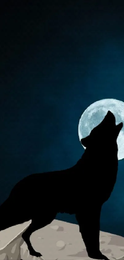 Wolf silhouetted against a full moon with a dark blue background.