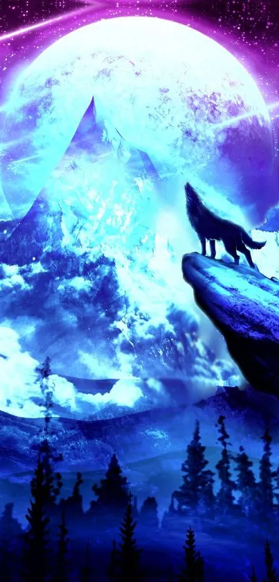 Mystical wolf howling at the moon with purple sky and mountains.