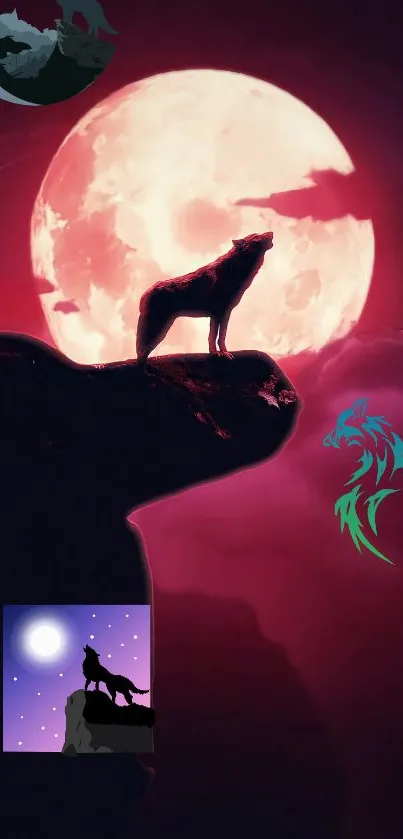 Wolf howling at the red moon with mystical vibe.