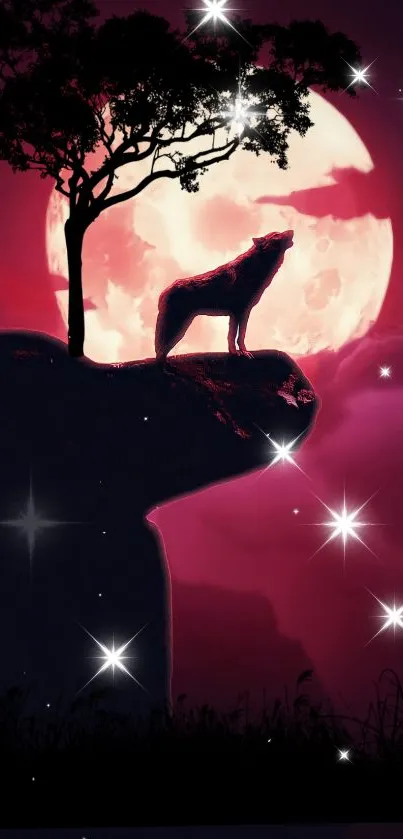 Wolf howling at moon with stars and magenta sky.