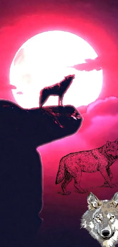 A wolf silhouette against a pink moon, creating a mystical night scene.