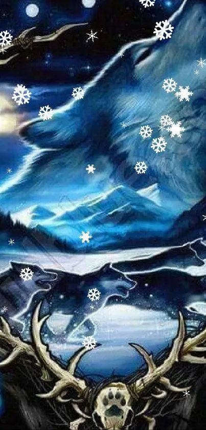 Mystical wolf howling at moon in vibrant blue fantasy landscape.