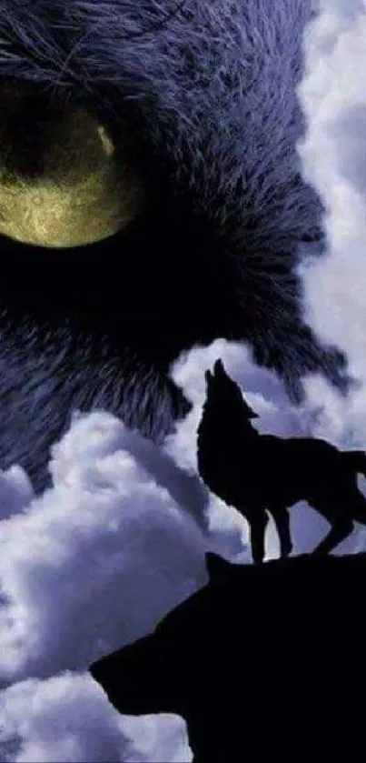 Wolf howling at moon with cloudy sky at night.