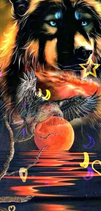 Mystical wolf artwork under a vivid moonlit sky in fiery colors.