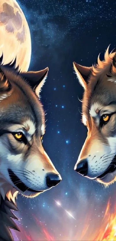 Two mystical wolves under a full moon, set against a starry sky.