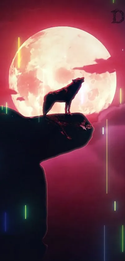 Silhouette of a wolf against a vibrant full moon in a mystical night sky.