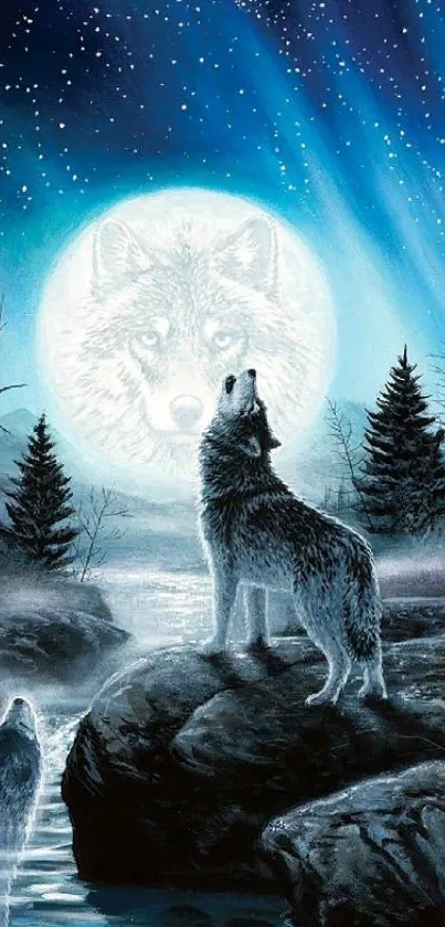 A wolf howls at the moon under a starry night sky in a mystical forest setting.