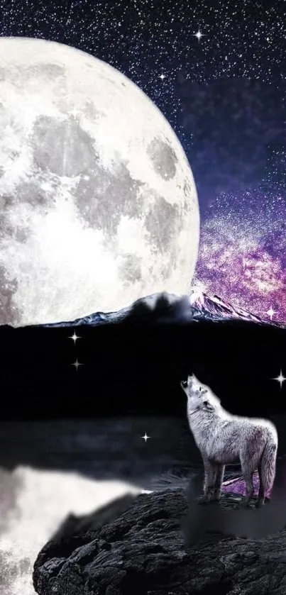 Wolf howling at the moon with a starry night sky and purple hues.