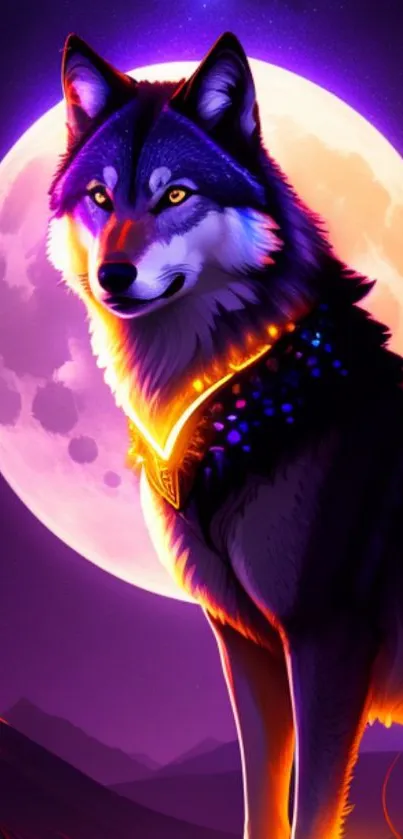 Mystical wolf in moonlight with purple night sky.