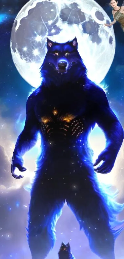 Mystical wolf standing under a glowing full moon with a blue luminous aura.