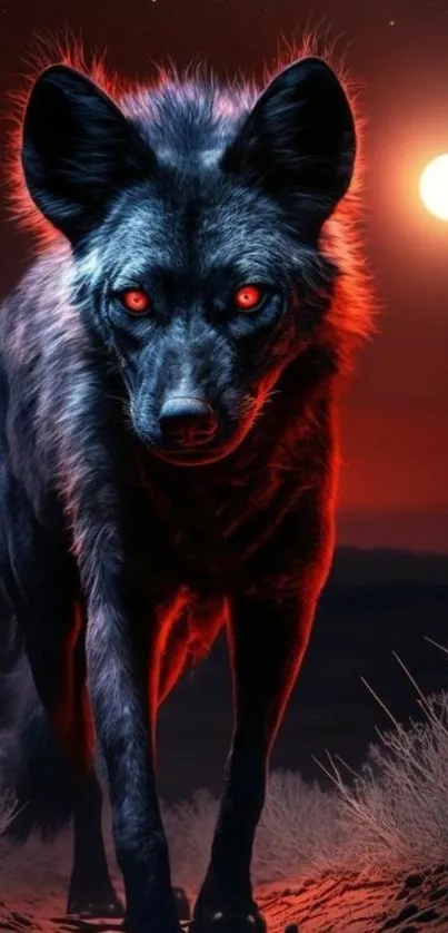 Enigmatic wolf under a red moonlight glow in dark-themed wallpaper.