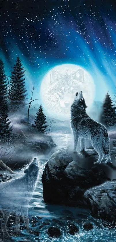 Mystical wolf howling under a full moon with a starry night backdrop.