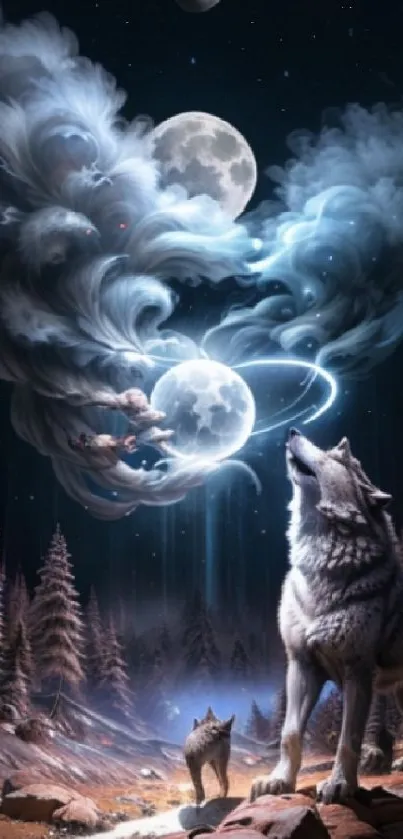 Wolf howling at the moon with mystical night sky.