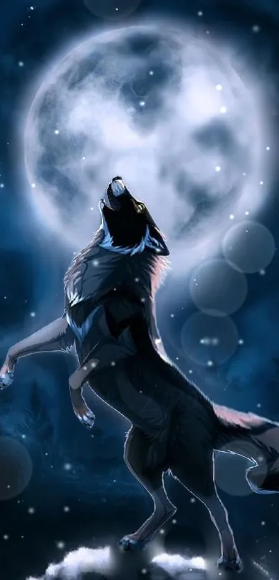 Wolf howling at the full moon in a mystical midnight scene.