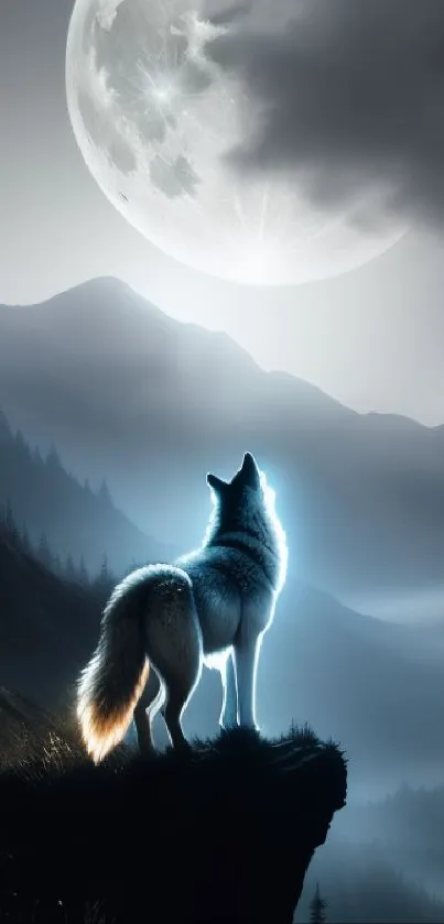 Wolf on cliff under a glowing full moon in a dark mountain landscape.