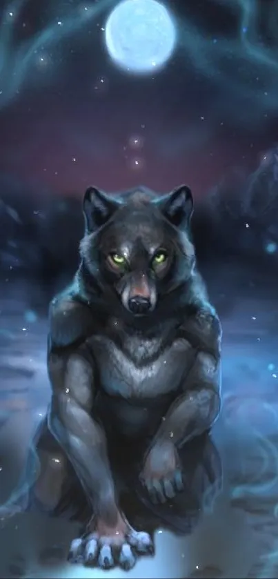 Majestic wolf under moonlit sky in mystical art wallpaper.