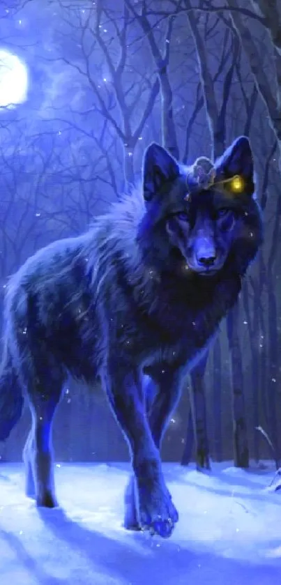 Wolf in moonlit forest, digital art wallpaper.