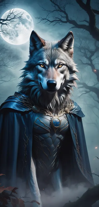 Mystical wolf in a moonlit forest scene.