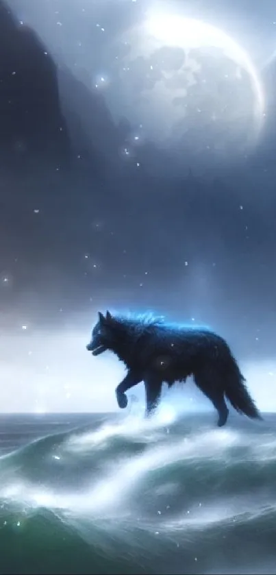 A wolf walks on ocean waves under a moonlit sky in a mystical night scene.