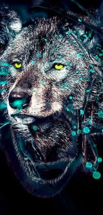 Neon wolf portrait with glowing teal and dark colors.