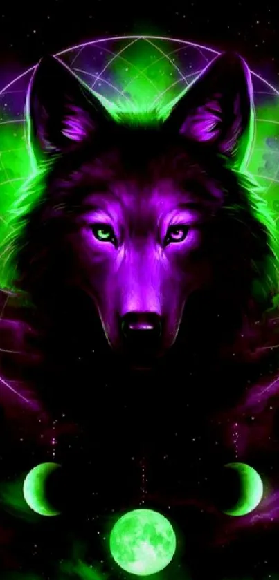 Neon wolf with cosmic lunar design in vibrant green and purple hues.