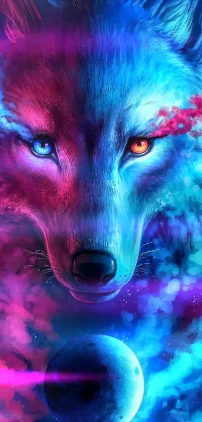 Mystical neon wolf with vibrant, cosmic colors on a mobile wallpaper.