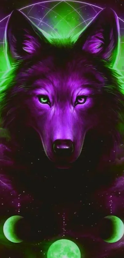 Mystical neon wolf with cosmic and lunar elements on a mobile wallpaper.