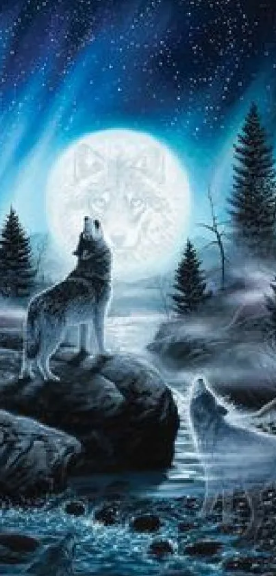 Wolves howling at a bright moon under a starry night sky in a mystical forest.