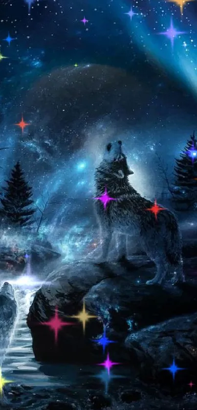 Mystical wolf under a starry night sky with deep blue hues.