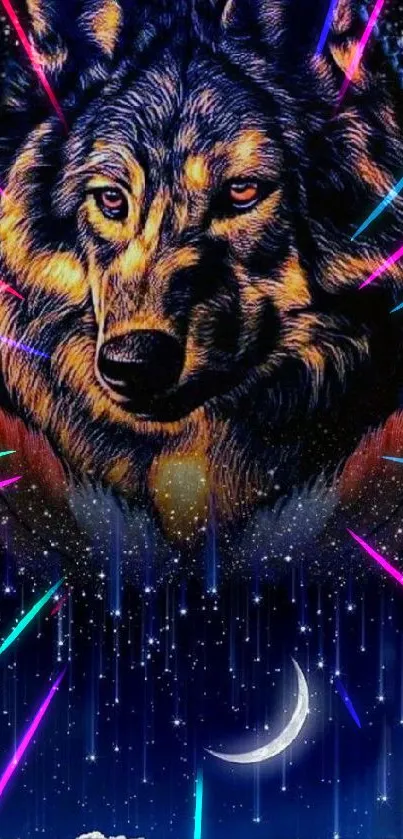 Mystical wolf with moon and stars in a night sky wallpaper.