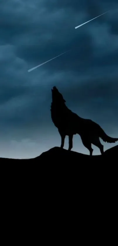 Silhouette of a wolf under a dark, starry night sky with shooting stars.