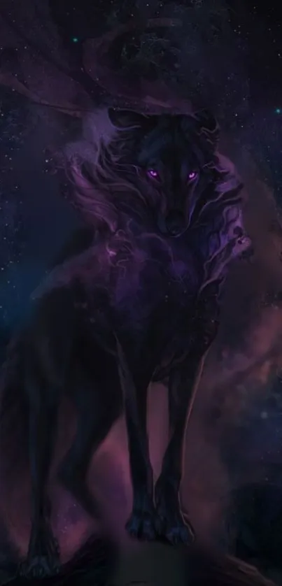 Mystical wolf under starry purple sky wallpaper.