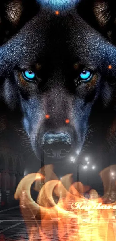 Mystical wolf with blue eyes on a dark night background.