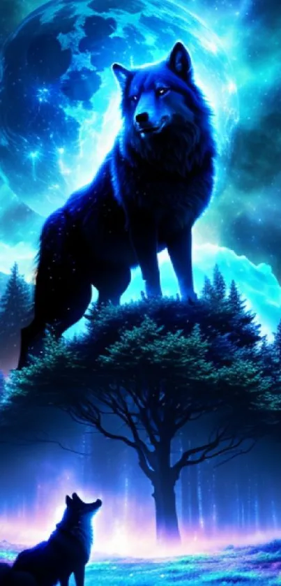 Mystical wolf stands under a glowing blue moonlight in a serene forest scene.