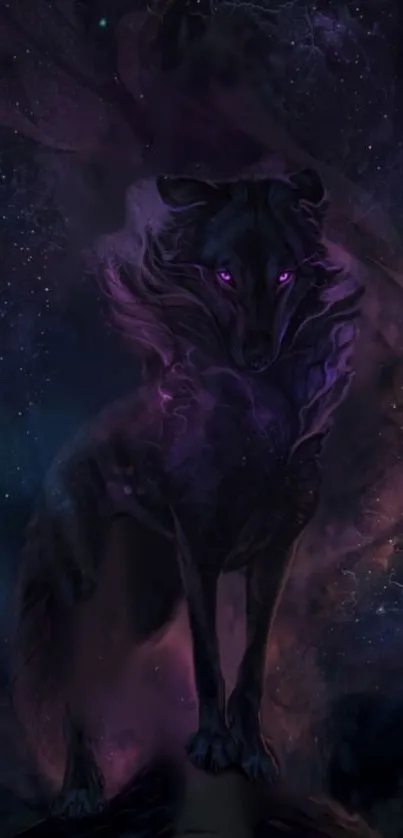 Mystical wolf in a cosmic night sky with glowing purple eyes.