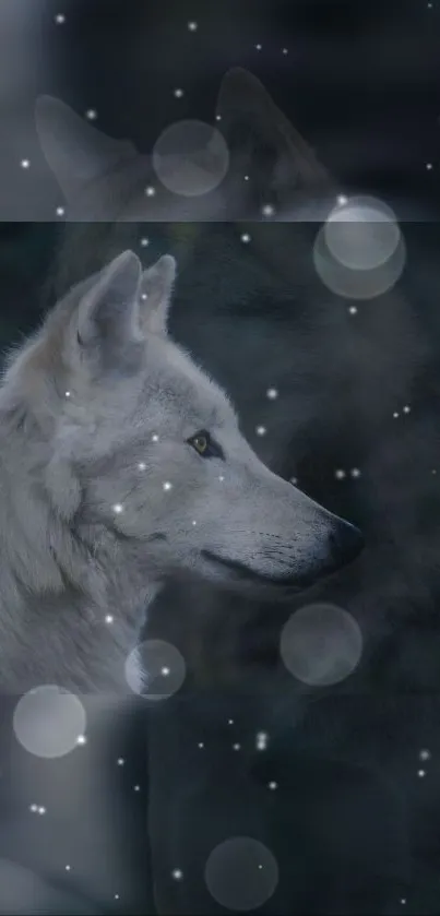 White wolf amidst snowy night in dark blue tones, serene and mystical.