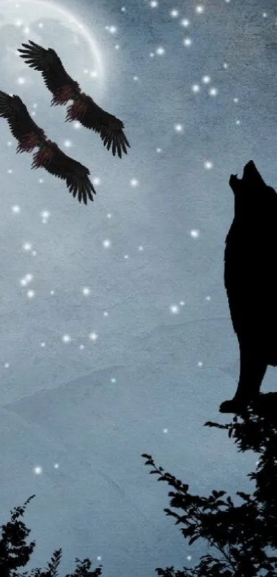 Silhouette of a wolf howling at the moon under a star-filled night sky.